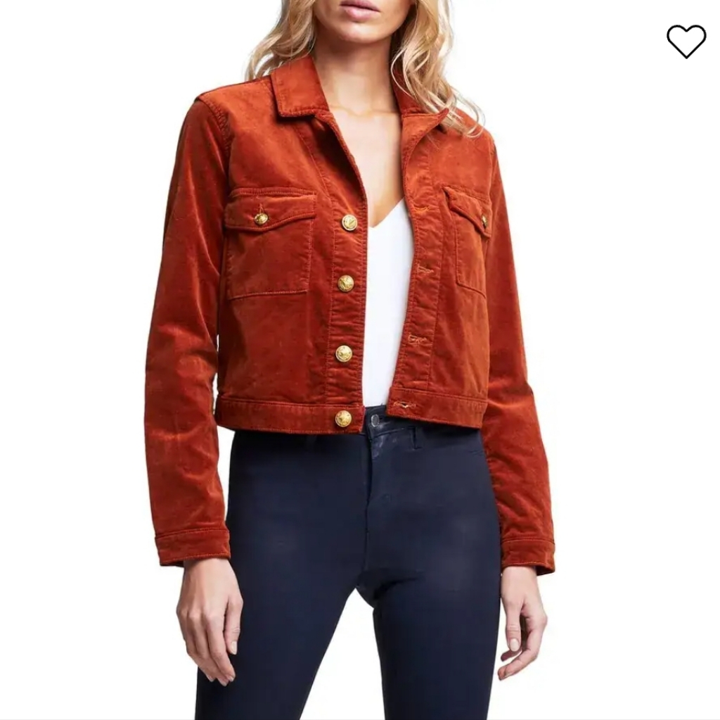 L'agence Eisenhower Cotton Blend Velvet Crop Trucker Jacket - Rust Brown